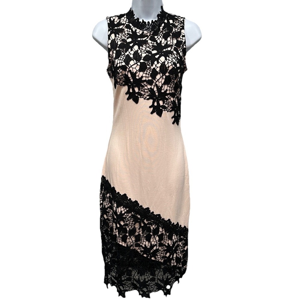 Venus Midi Dress Women's Size 2 Pink Black Crochet Sleeveless Zip Up Romantic